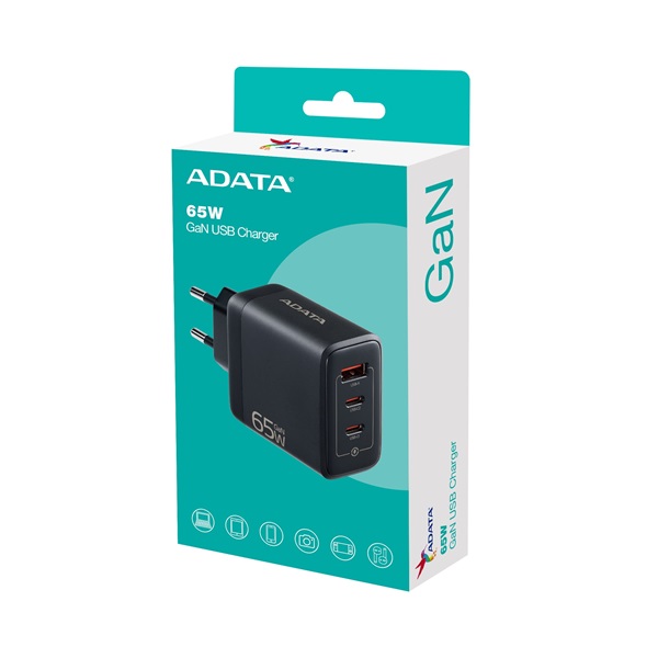 ADATA Fali gyorstöltő, GaN, Fekete, 65W, US csatlakozó (CHARGERU-0653-QCPDBK)