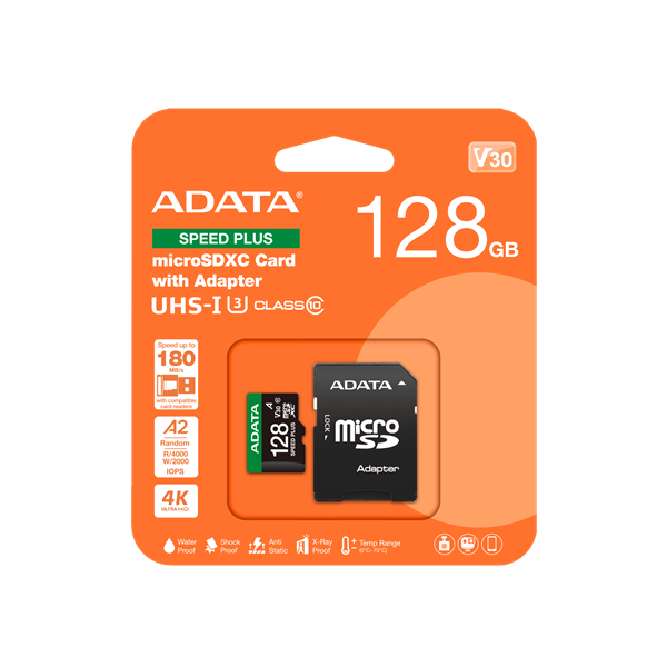 ADATA Memóriakártya MicroSDXC 128GB + Adapter SPEED PLUS UHS-I U3 (180/160) (UD128GUI3V30A2SP-RA1)