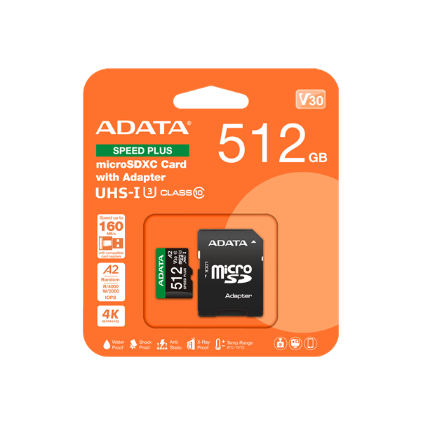 ADATA Memóriakártya MicroSDXC 512GB + Adapter SPEED PLUS UHS-I U3 (180/160) (UD512GUI3V30A2SP-RA1)