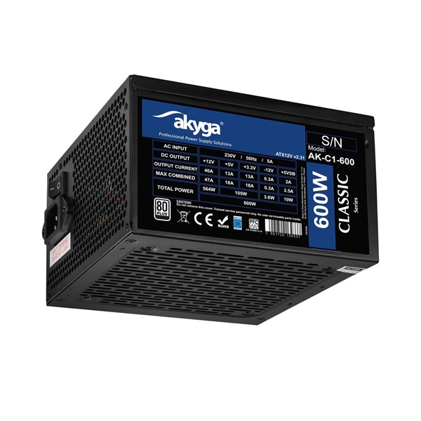 AKYGA Tápegység 600W 80+, 12cm, 20+4 (AK-C1-600)
