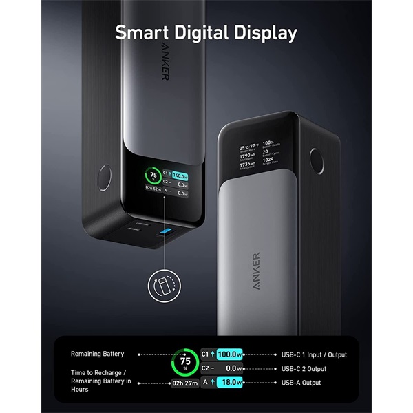 ANKER Powerbank GaNPrime 24000mAh, 140W, USB-C Input/Output, USB-A+USB-C Output, fekete - A1289011 (A1289011)