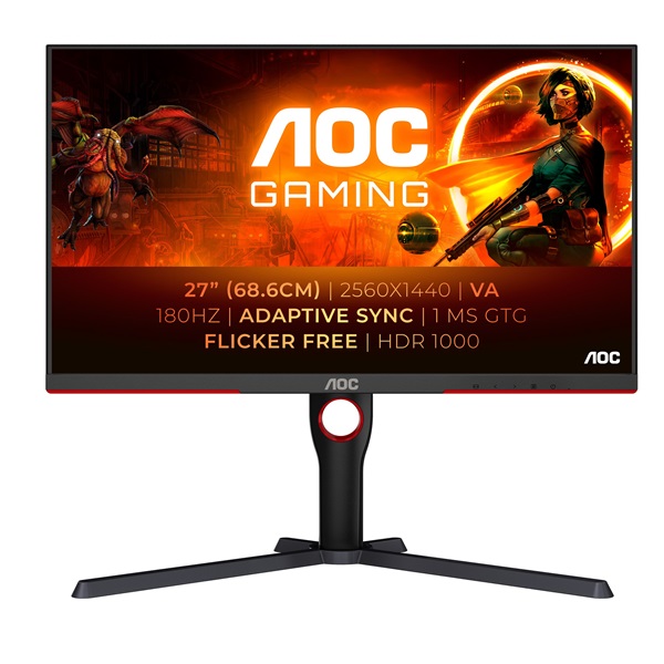 AOC Gaming 180Hz monitor 27" Q27G3XMN/BK, 2560x1440 16:9, 1.000cd/m2, 1ms, 2xHDMI/DisplayPort, áll. mag.,pivot, HDR1000 (Q27G3XMN/BK)