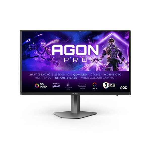AOC Gaming 280Hz OLED monitor 27" AG276QZD2, 2560x1440, 16:9, 0,03ms, 2xHDMI/2xDisplayport/2xUSB, hangszóró (AG276QZD2)