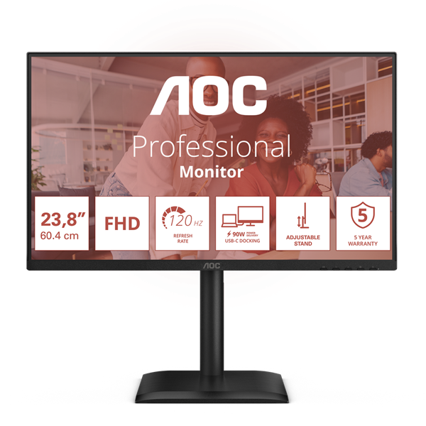 AOC IPS 120Hz FHD monitor 23.8" 24E4CV, 1920x1080, 16:9, 4ms, 300cd/m2, DisplayPort/HDMI/4xUSB-A, pivot, hangszóró (24E4CV)