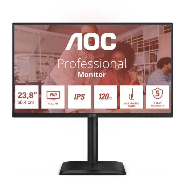 AOC IPS monitor 23,8" 24E4U 1920x1080,16:9, 300cd/m2, 4ms, VGA/HDMI/DisplayPort/4xUSB, hangszóró, 120 Hz, áll.mag.,pivot (24E4U)