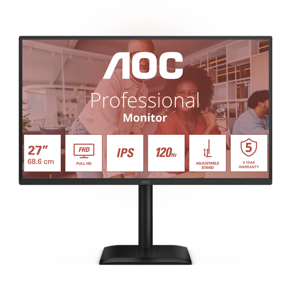 AOC IPS monitor 27" 27E4U 1920x1080, 16:9, 300cd/m2, 4ms, VGA/HDMI/USB, hangszóró, 120 Hz, áll.mag., pivot (27E4U)