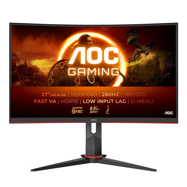 AOC Ívelt Gaming 280Hz monitor 27" C27G2Z3/BK, 1920x1080, 16:9, 300cd/m2, 0,5ms, HDMIx2/DisplayPort, állítható magasság (C27G2Z3/BK)
