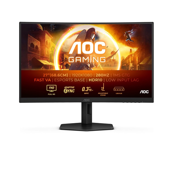AOC Ívelt Gaming 280Hz monitor 27" C27G4ZXU, 1920x1080, 16:9, 300cd/m2, 0,3ms, HDMIx2/DisplayPort/USBx4 (C27G4ZXU)
