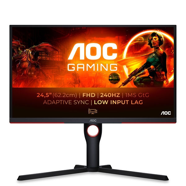 AOC Gaming 240Hz monitor 24.5" 25G3ZM/BK, 1920x1080, 16:9, 300cd/m2, 1ms, 2xHDMI/DisplayPort, áll. mag, pivot (25G3ZM/BK)