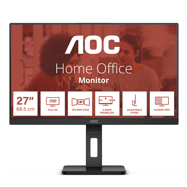 AOC IPS monitor 27" 27E3QAF, 1920x1080, 16:9, 300cd/m2, 4ms, HDMI/DisplayPort/VGA, Pivot, hangszóró (27E3QAF)