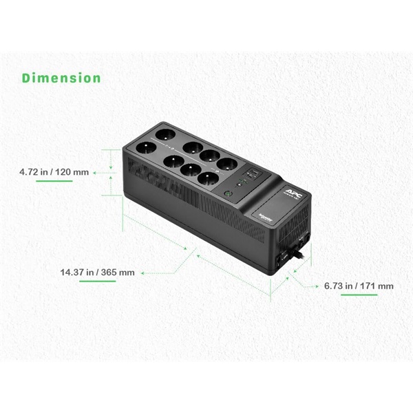 APC Back-UPS, 1050VA/600W Floor/Wall Mount, 230V, 8x Schuko CEE 7/3 outlets, USB Type A+C Port, User Replaceable Battery (BE1050-GR)