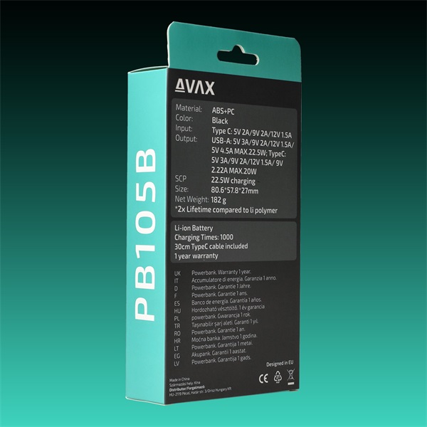 AVAX Powerbank USB-C 20W 10000mAh, fekete (AVAX_PB105B)