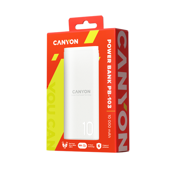 CANYON Powerbank, 10000mAh, USB-C/microUSB Input, 1xUSB Output, 5V-2,1A, fehér - CNE-CPB010W (CNE-CPB010W)
