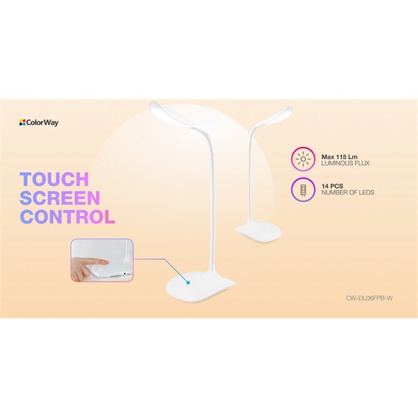 COLORWAY Asztali LED lámpa beépített akkumulátor, flexibilis, 5500-6000k, 115 lm, fehér (CW-DL06FPB-W) (CW-DL06FPB-W)