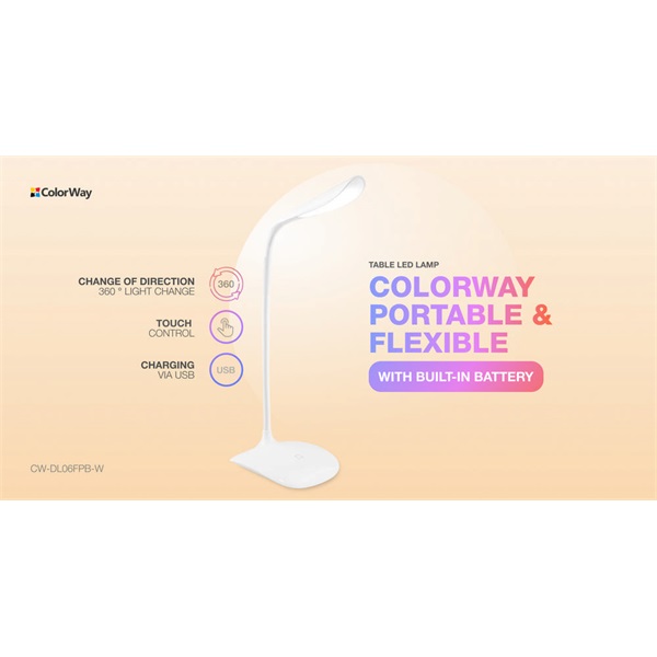 COLORWAY Asztali LED lámpa beépített akkumulátor, flexibilis, 5500-6000k, 115 lm, fehér (CW-DL06FPB-W) (CW-DL06FPB-W)