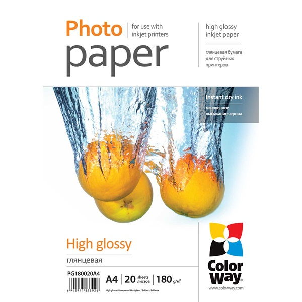 COLORWAY Fotópapír, magasfényű (high glossy), 180 g/m2, A4, 20 lap (PG180020A4)