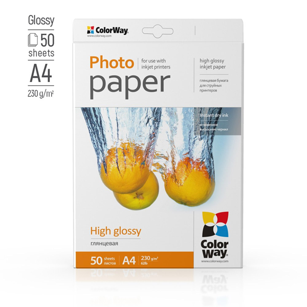 COLORWAY Fotópapír, magasfényű (high glossy), 230 g/m2, A4, 50 lap (PG230050A4)