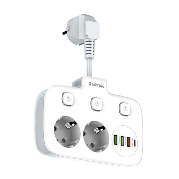 COLORWAY Hálózati elosztó, CW-CHE24PDW, 2 dugalj, 3xUSB-A, 1xUSB-C 2m, fekete (CW-CHE24PDW)