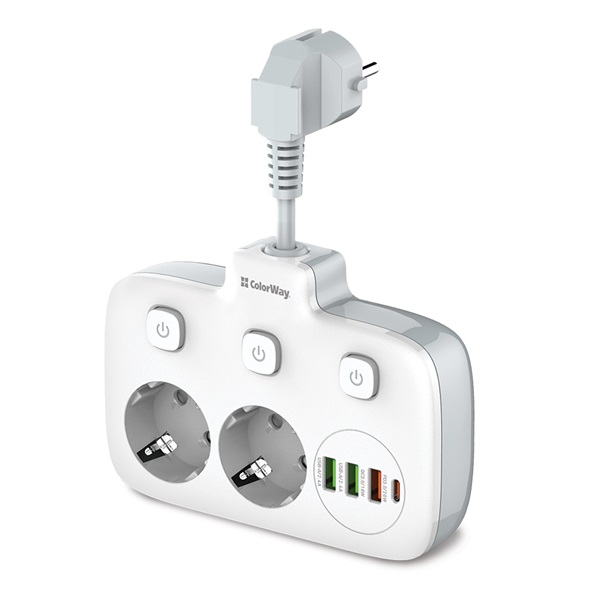 COLORWAY Hálózati elosztó, CW-CHE24PDW, 2 dugalj, 3xUSB-A, 1xUSB-C 2m, fekete (CW-CHE24PDW)