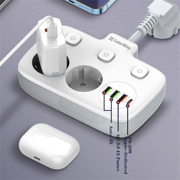 COLORWAY Hálózati elosztó, CW-CHE24PDW, 2 dugalj, 3xUSB-A, 1xUSB-C 2m, fekete (CW-CHE24PDW)