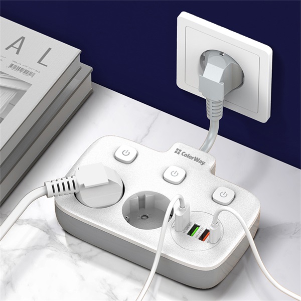 COLORWAY Hálózati elosztó, CW-CHE24PDW, 2 dugalj, 3xUSB-A, 1xUSB-C 2m, fekete (CW-CHE24PDW)