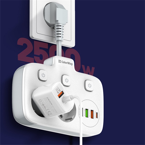 COLORWAY Hálózati elosztó, CW-CHE24PDW, 2 dugalj, 3xUSB-A, 1xUSB-C 2m, fekete (CW-CHE24PDW)