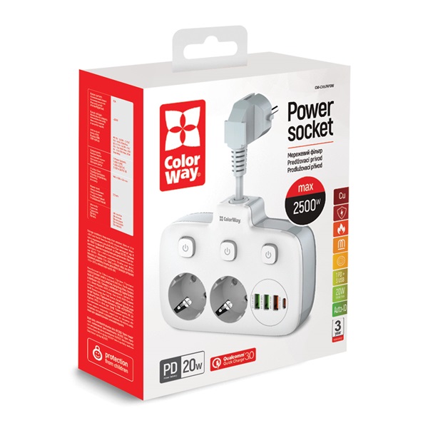 COLORWAY Hálózati elosztó, CW-CHE24PDW, 2 dugalj, 3xUSB-A, 1xUSB-C 2m, fekete (CW-CHE24PDW)