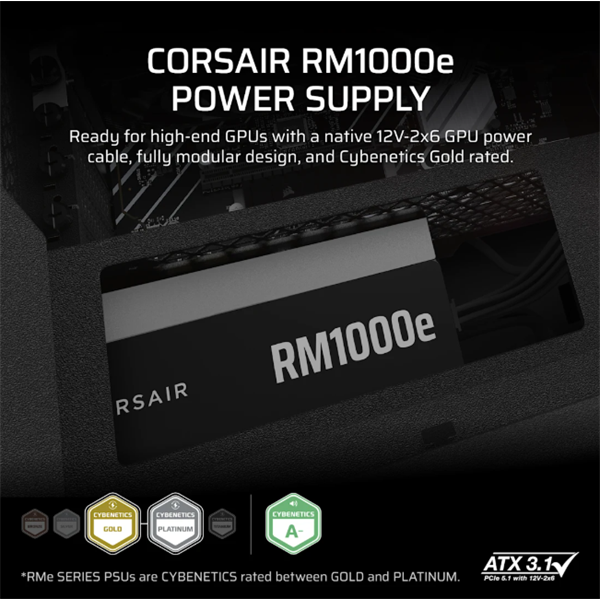 CORSAIR Tápegység Moduláris, RM1000e, 1000W, 12cm, ATX 3.1, PCIe 5.1, BOX, Cybenetics Gold (CP-9020297-EU)