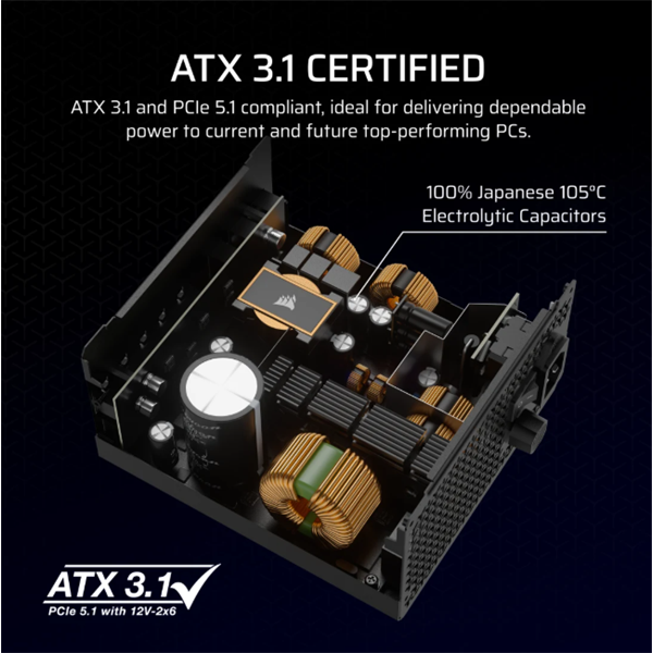 CORSAIR Tápegység Moduláris, RM850x, 850W, ATX 3.1, PCIe 5.1, 14cm, Cybenetics Gold (CP-9020270-EU)