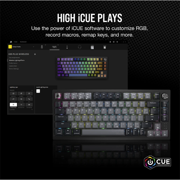 CORSAIR Vezeték Nélküli Billentyűzet Gaming, K65 PLUS 75%, Mechanikus, MLX Red switch, US, fekete (CH-91D401L-NA)