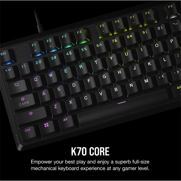 CORSAIR Vezetékes Billentyűzet Gaming, K70 CORE RGB, Mechanikus, MLX Red switch, 104 gombos, US, fekete (CH-910971E-NA)