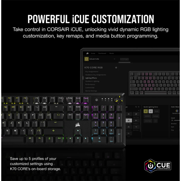 CORSAIR Vezetékes Billentyűzet Gaming, K70 CORE RGB, Mechanikus, MLX Red switch, 104 gombos, US, fekete (CH-910971E-NA)