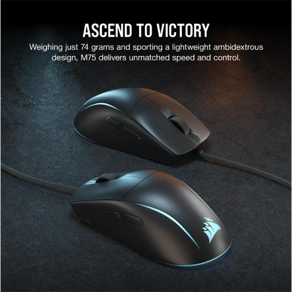 CORSAIR Vezetékes Egér Gaming, M75 RGB, Ultra-könnyű, RGB Világítás, 26000dpi, fekete (CH-930D010-EU)