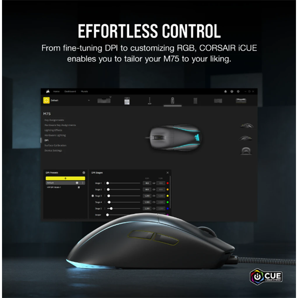 CORSAIR Vezetékes Egér Gaming, M75 RGB, Ultra-könnyű, RGB Világítás, 26000dpi, fekete (CH-930D010-EU)