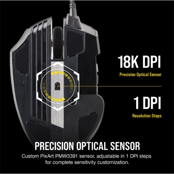 CORSAIR Vezetékes Egér Gaming, SCIMITAR RGB ELITE, 17 programozható gomb, RGB Világítás, 18000dpi, fekete (CH-9304211-EU)