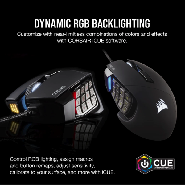 CORSAIR Vezetékes Egér Gaming, SCIMITAR RGB ELITE, 17 programozható gomb, RGB Világítás, 18000dpi, fekete (CH-9304211-EU)