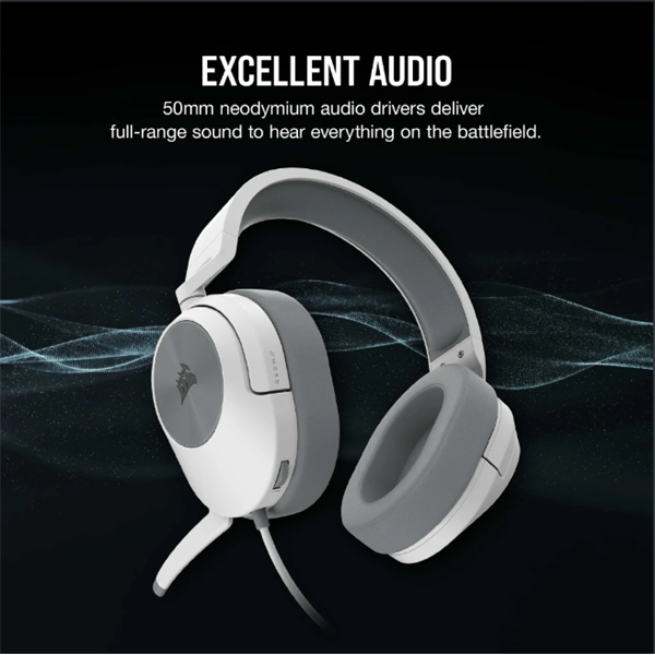 CORSAIR Vezetékes Headset, HS55 Gaming, Ultrakönnyű, Jack dugós, fehér (CA-9011261-EU)