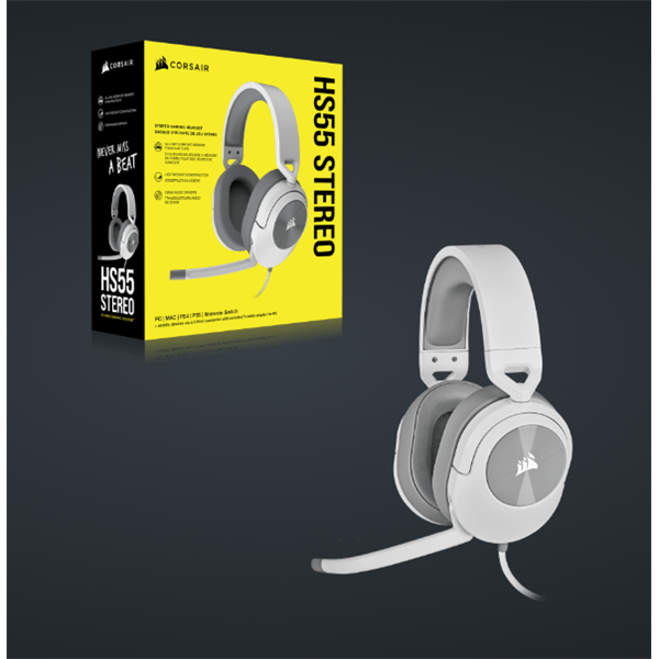 CORSAIR Vezetékes Headset, HS55 Gaming, Ultrakönnyű, Jack dugós, fehér (CA-9011261-EU)