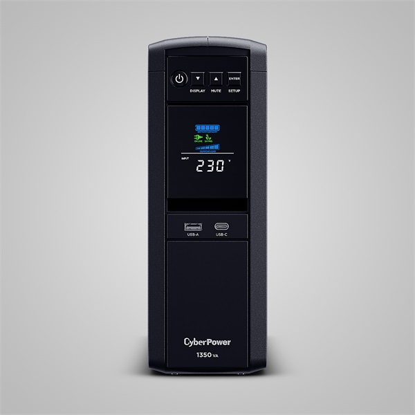 CYBERPOWER UPS gaming, 6xSCHU,2xUSB 1350VA 810W, 230V, színuszus szünetmentes tápegység,LINE-INTERAKTÍV, AVR, színes LCD (CP1350EPFCLCD)