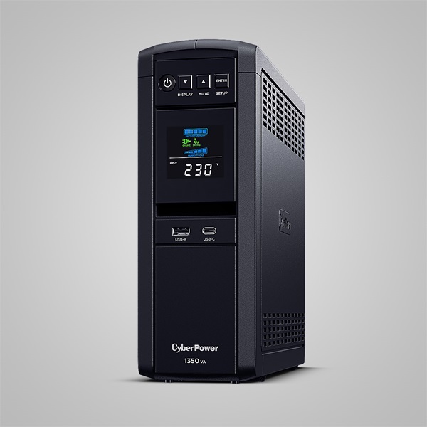 CYBERPOWER UPS gaming, 6xSCHU,2xUSB 1350VA 810W, 230V, színuszus szünetmentes tápegység,LINE-INTERAKTÍV, AVR, színes LCD (CP1350EPFCLCD)