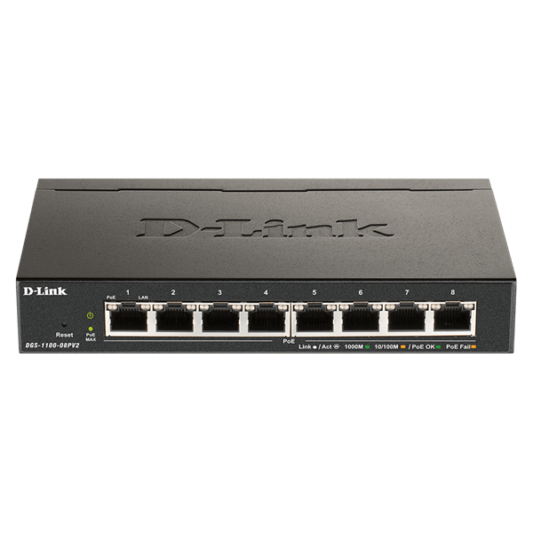 D-LINK Switch 8x1000Mbps (8xPOE) Fémházas Asztali Menedzselhető, DGS-1100-08PV2/E (DGS-1100-08PV2/E)