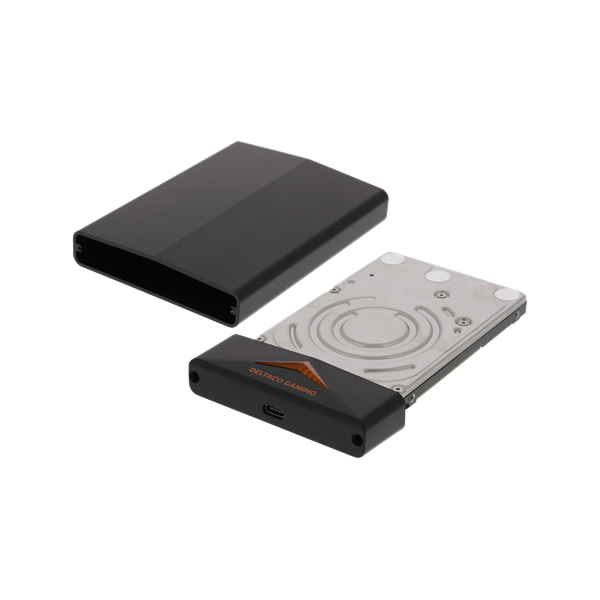 DELTACO GAMING SSD/HDD KÜLSŐ HÁZ GAM-091, USB-C 3.1 Gen 2 2.5 "SATA / SSD Enclosure, Max 2TB HDD, Orange LED, Black (GAM-091)