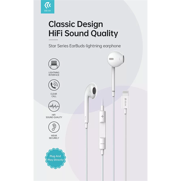 DEVIA UNIVERZÁLIS SZTEREÓ FELVEVŐS FÜLHALLGATÓ - LIGHTNING - STAR SERIES EARBUDS LIGHTNING EARPHONE - FEHÉR (ST366864)