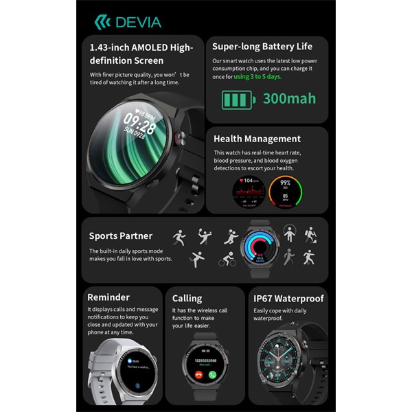 Devia Pro1 (V2) okosóra AMOLED kijelzővel - fekete (ST111448)