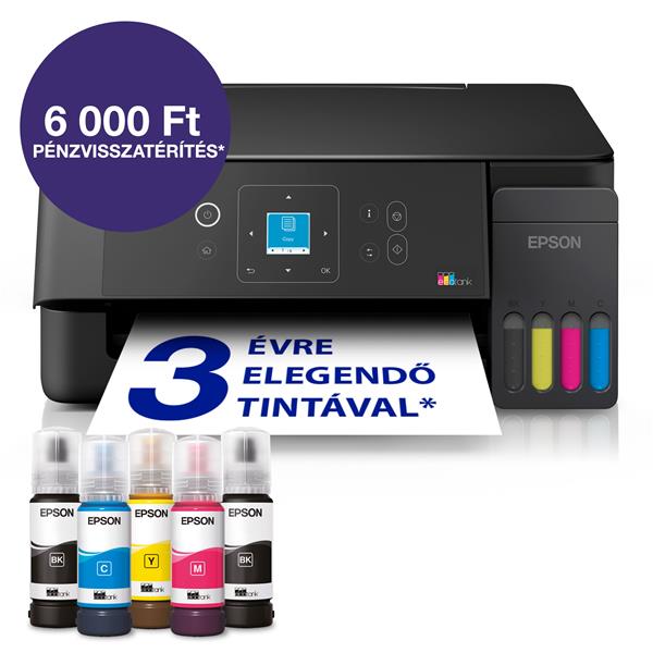 EPSON Tintasugaras nyomtató - EcoTank L3360 (A4, MFP, színes, 5760x1440 DPI, 33 lap/perc, USB/Wifi/Air Print) (C11CL63409)
