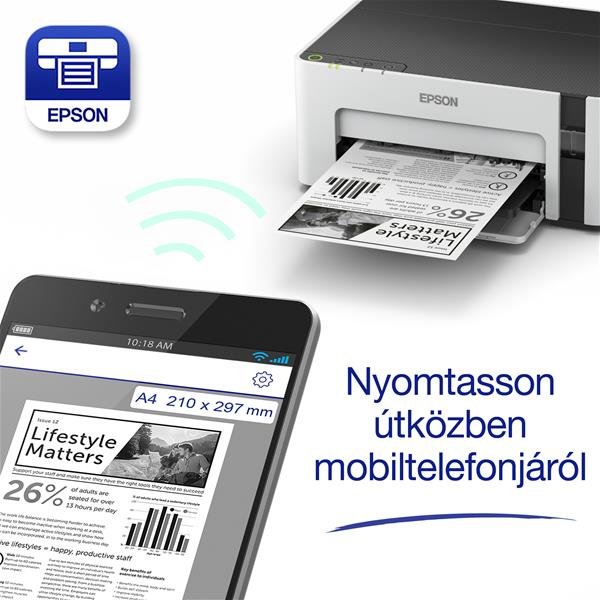 EPSON Tintasugaras nyomtató - EcoTank M1120 (A4, 1440x720 DPI, 32 lap/perc, USB/WIFI) (C11CG96403)