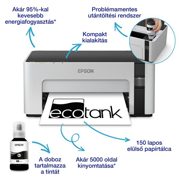 EPSON Tintasugaras nyomtató - EcoTank M1120 (A4, 1440x720 DPI, 32 lap/perc, USB/WIFI) (C11CG96403)