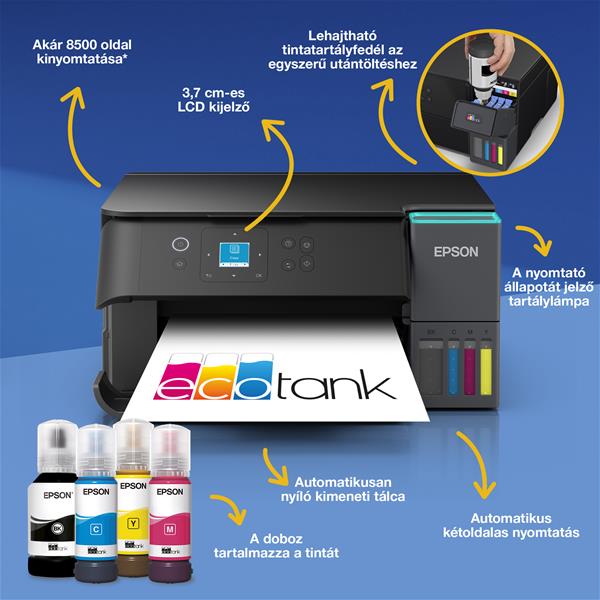 Epson EcoTank L4360 A4, színes multifunkciós nyomtató DUPLEX, AirPrint USB/WiFi 8500/6500 oldal tintával