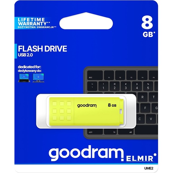 GOODRAM Pendrive 8GB, UME2 USB 2.0, Sárga (UME2-0080Y0R11)