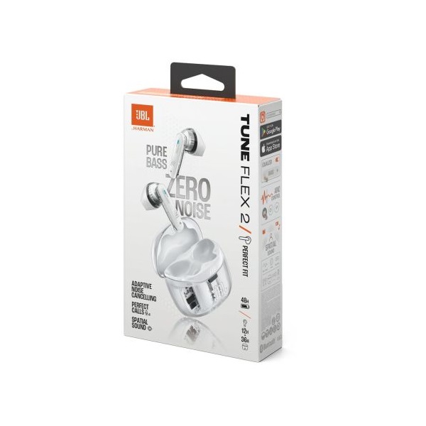 JBL TUNE FLEX 2 GHOST EDITION Bluetooth fülhallgató, tölthető 2 óra, IP45, adaptív zajcsökkentés,  térhatás, fehér (JBLTFLEX2GWHT )
